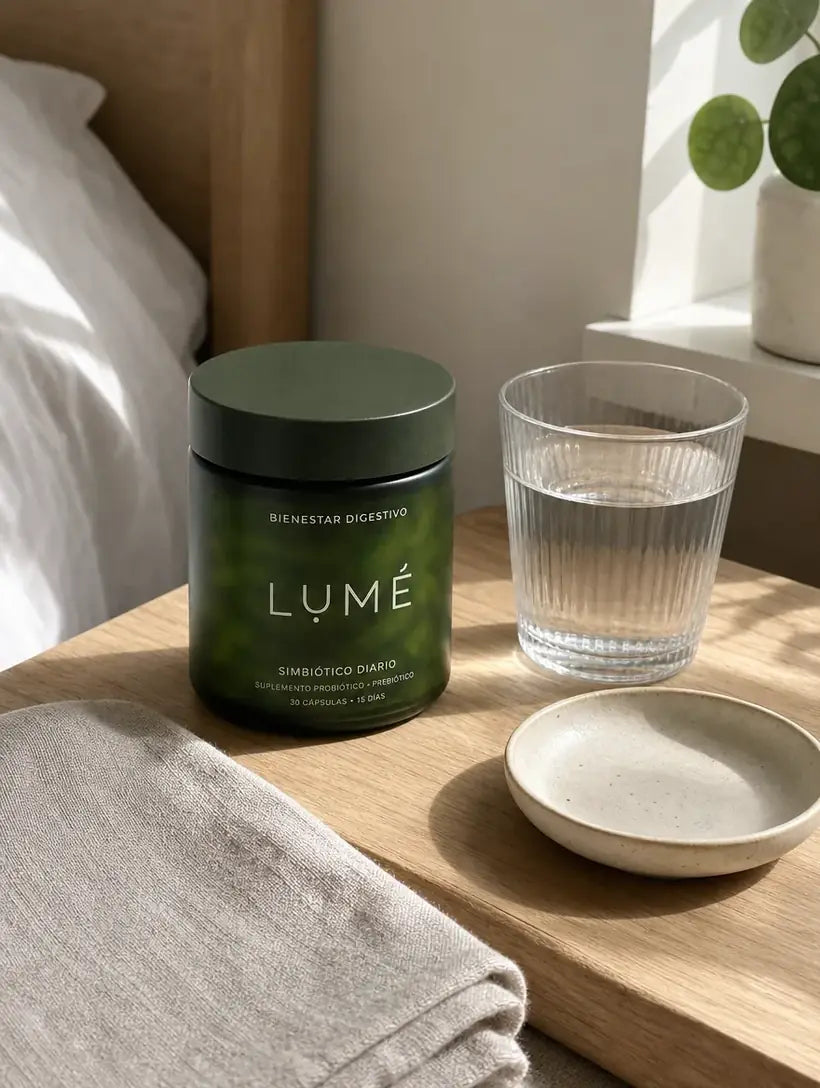 Frasco LUMÉ en la mesa de noche